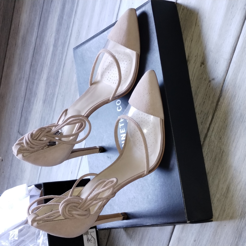 KENNETH COLE NY l Nude Suede and Clear Vinyl Stiletto with Ankle Wrap Ti…